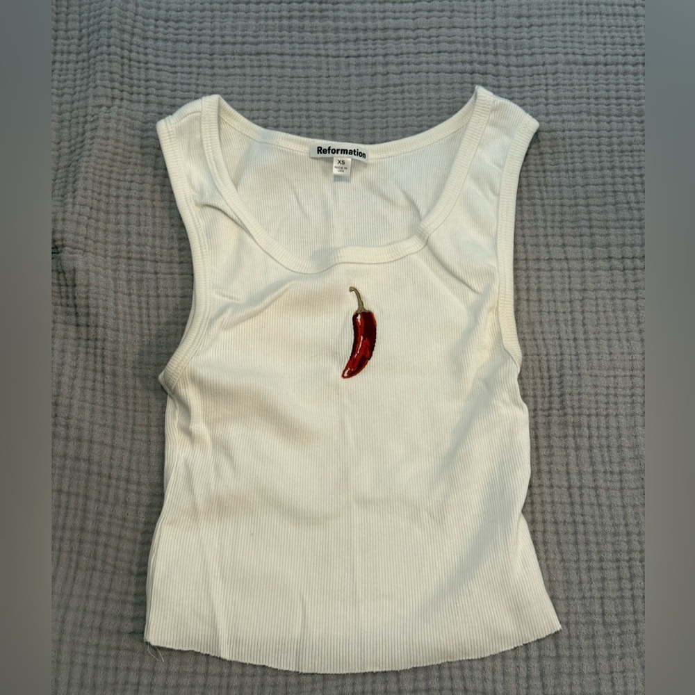 Reformation White Crop Tank Top with Red Chili Pepper Design